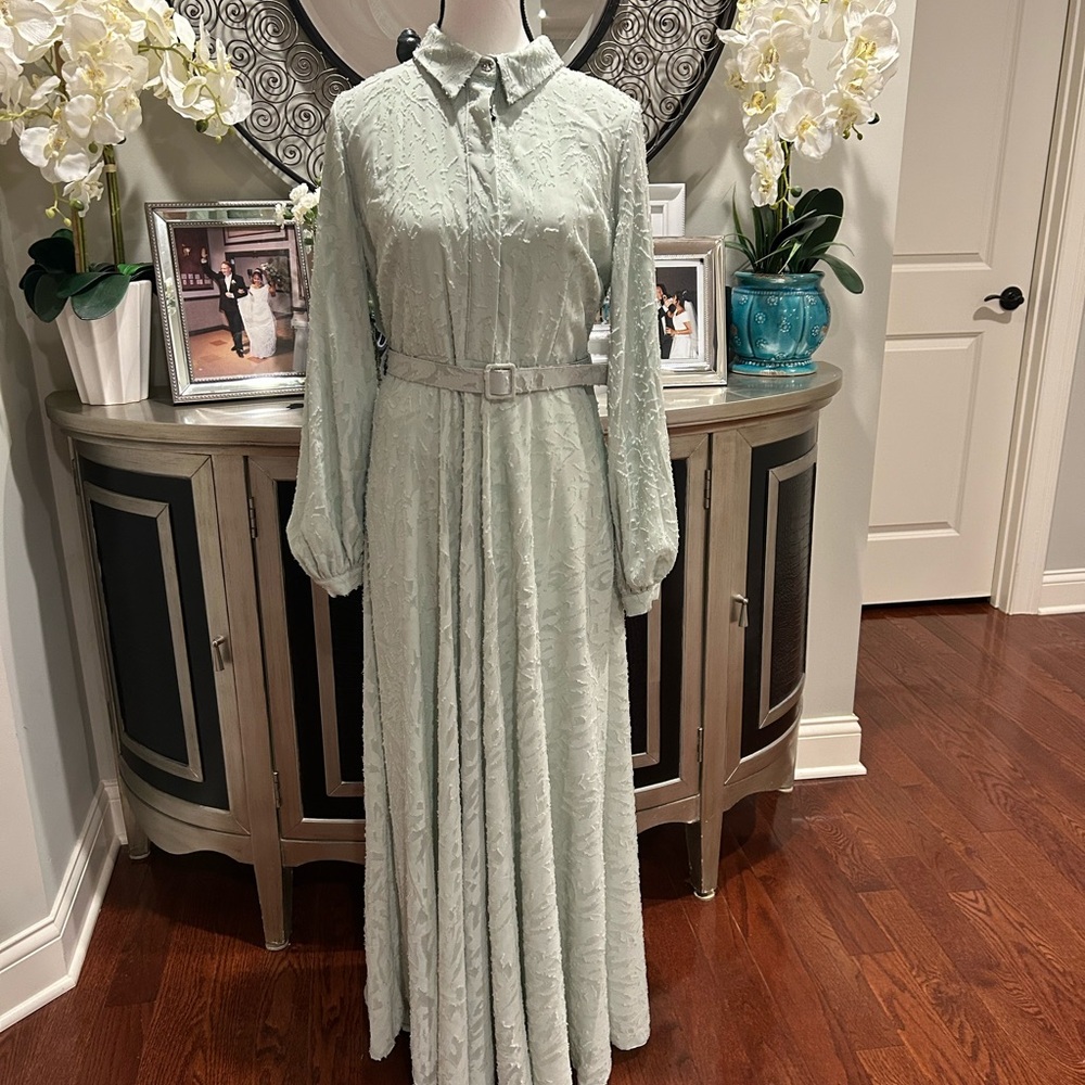 Kayra Turkish designer. Textured Maxi Shirt Dress with Belt - Sage Green NWT